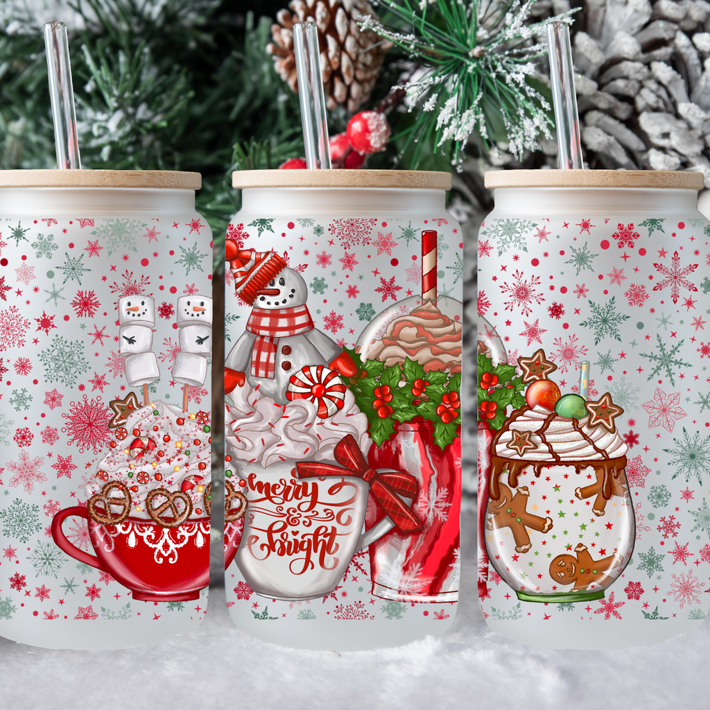 Merry and Bright-Red and Green Hot Cocoa Frosted Glass Cup