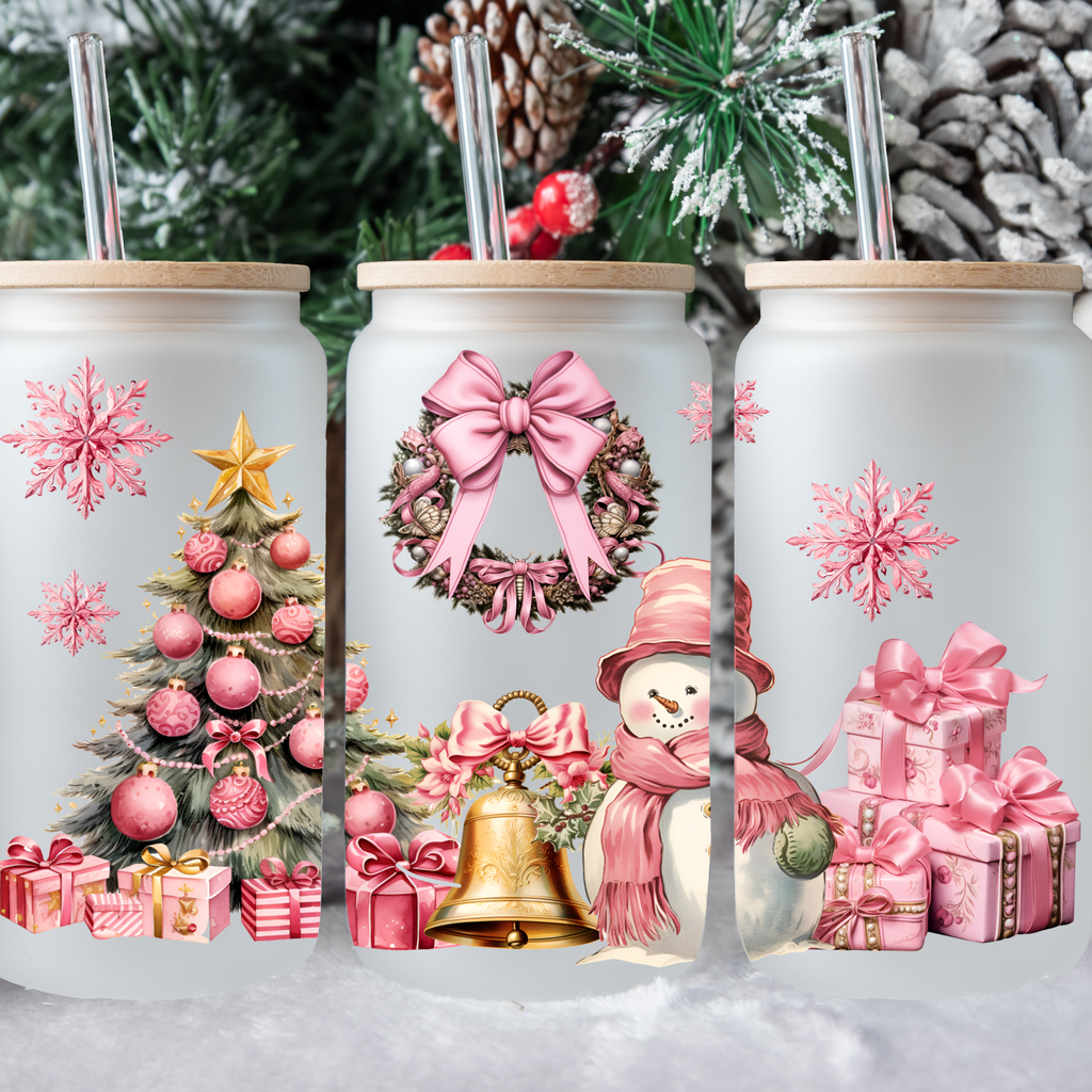 Pink Christmas-Frosted Glass Cup