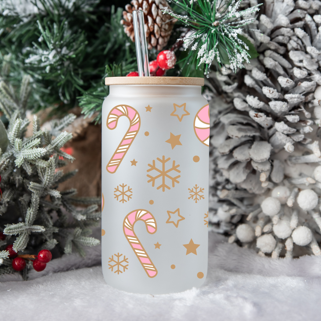 Candy Canes and Snowflakes-Pink and Gold Frosted Glass Cup