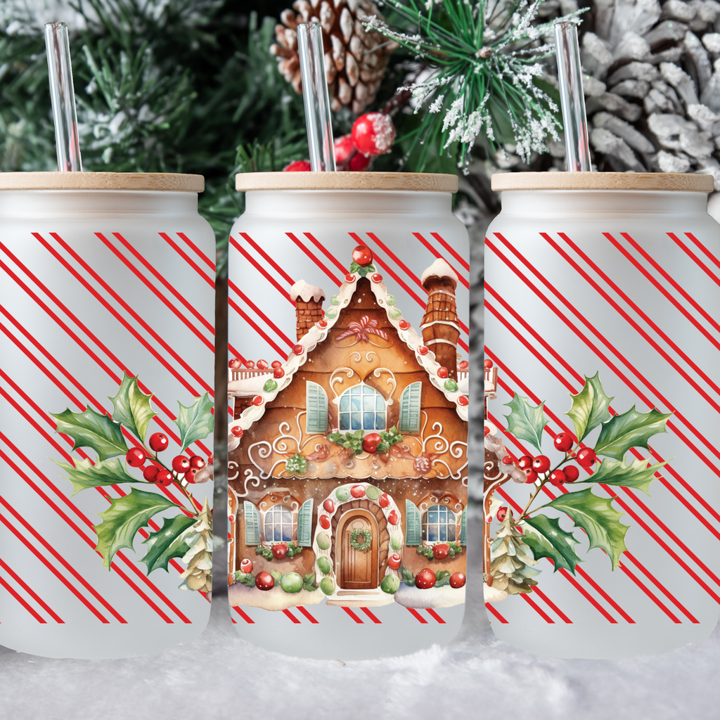 Gingerbread House-Red Stripes Frosted Glass Cup