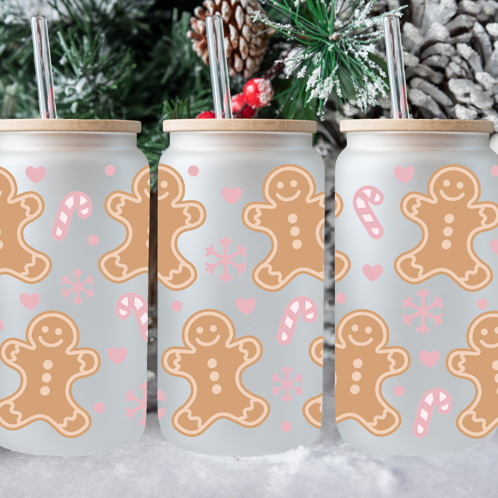 Gingerbread Man-Pink Candy Canes Frosted Glass Cup