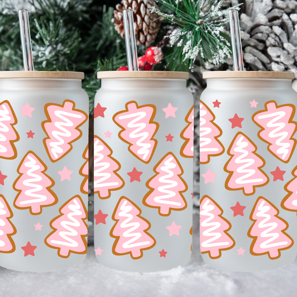 ChristmasTree Cookies-Pink Frosted Glass Cup