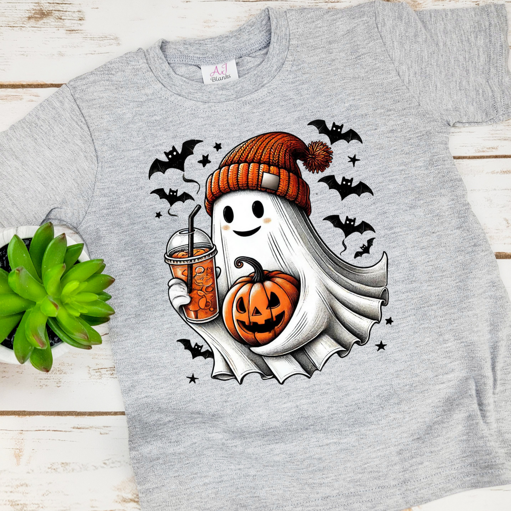 Cute Ghost with Coffee and Pumpkin WITH SMILE