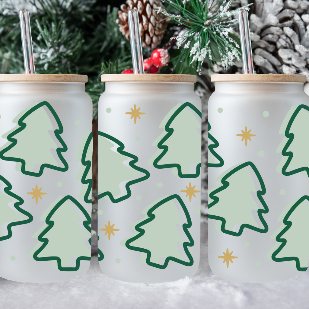 Christmas Trees-Green and Gold Frosted Glass Cup