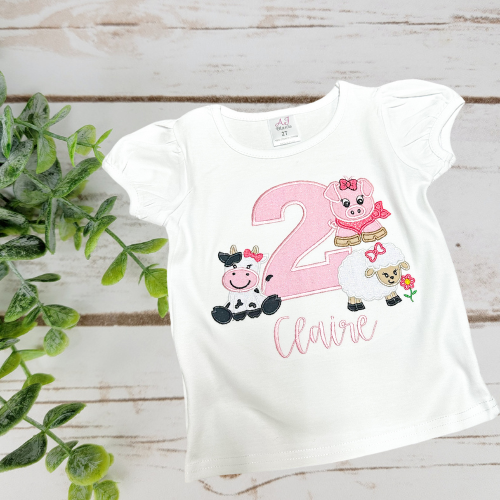 Pink Farm Embroidered Birthday Shirt