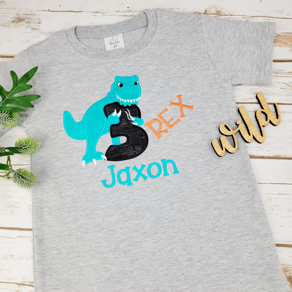 T Rex Dinosaur Baby and Toddler Embroidery Birthday Shirt